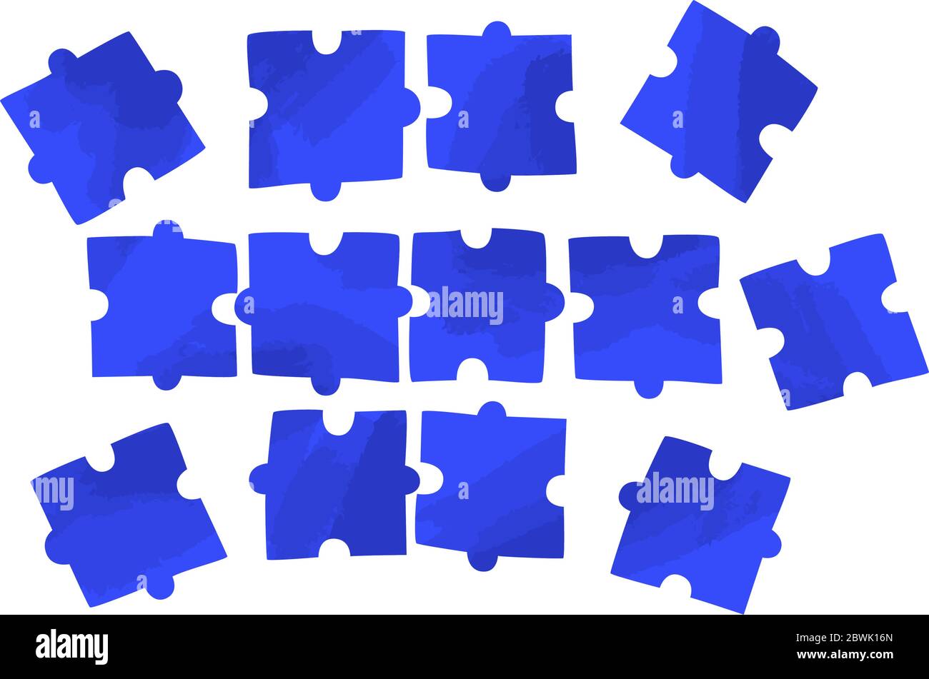 Vektor flache Illustration von mehreren Puzzles, Streuung auf weißem Raum. Problembehebung, Puzzle-Konzept - Teamwork für den geschäftlichen Erfolg Stock Vektor
