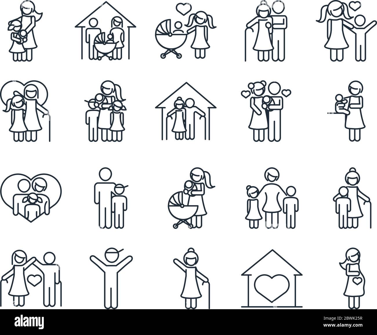 Familientag, Vater Mutter Kinder Großeltern Zeichen, setzen Symbol in Kontur Stil Vektor-Illustration Stock Vektor