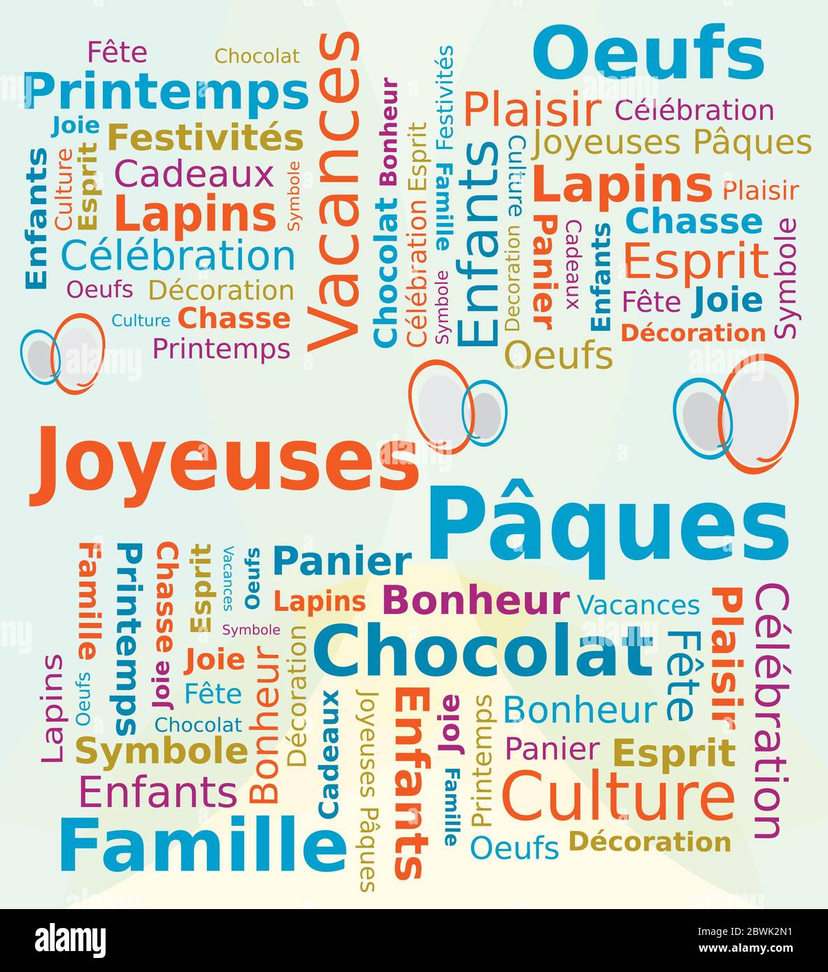 Word Cloud Französisch Sprache Frohe Ostern in Blau und Orange Farben Stock Vektor