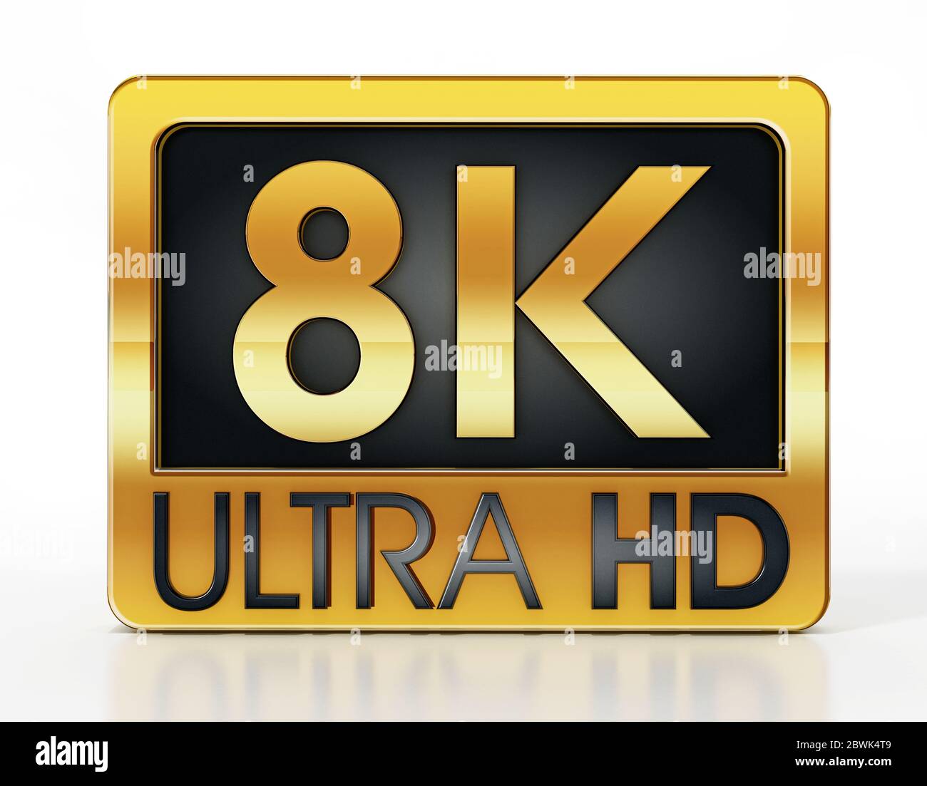 Gold 8K Ultra HD-Etikett auf weißem Hintergrund isoliert. 3D-Darstellung. Stockfoto