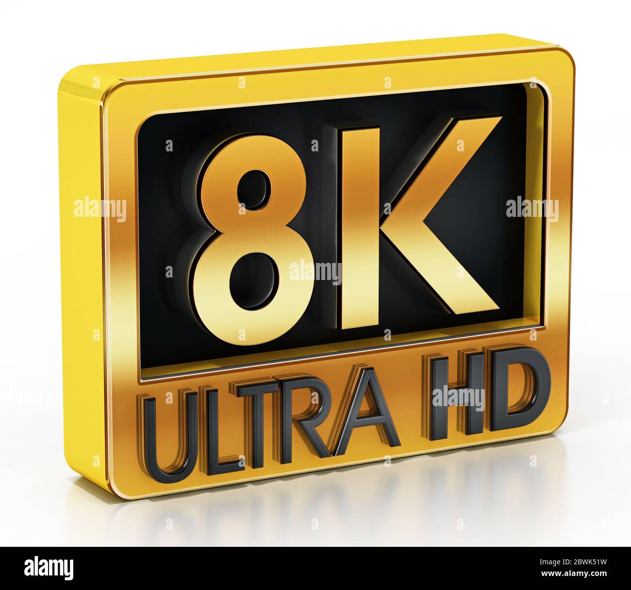 Gold 8K Ultra HD-Etikett auf weißem Hintergrund isoliert. 3D-Darstellung. Stockfoto