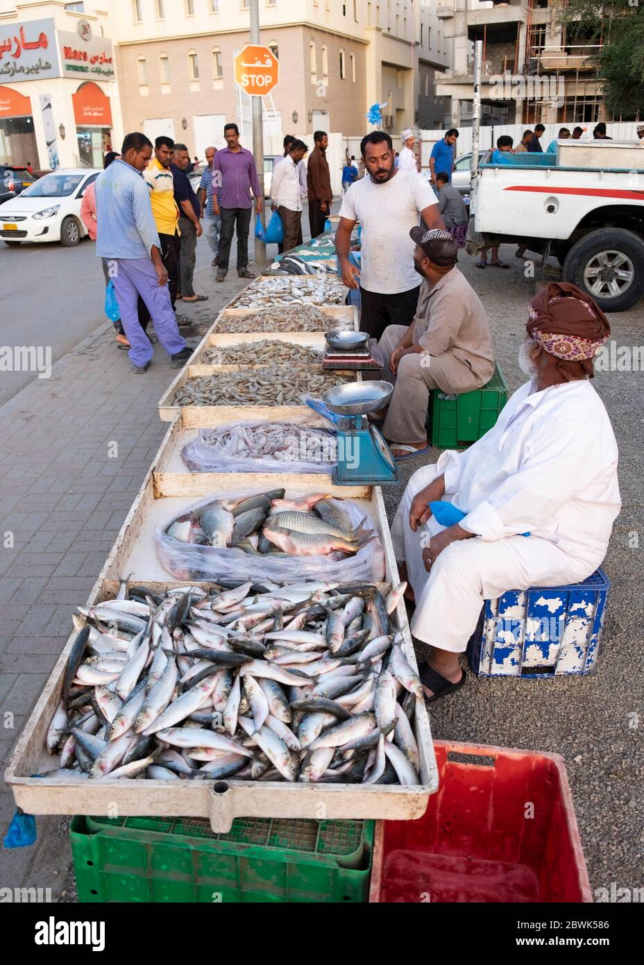 Fischmarkt am Straßenrand in Muscat, Sultanat von Oman. Stockfoto