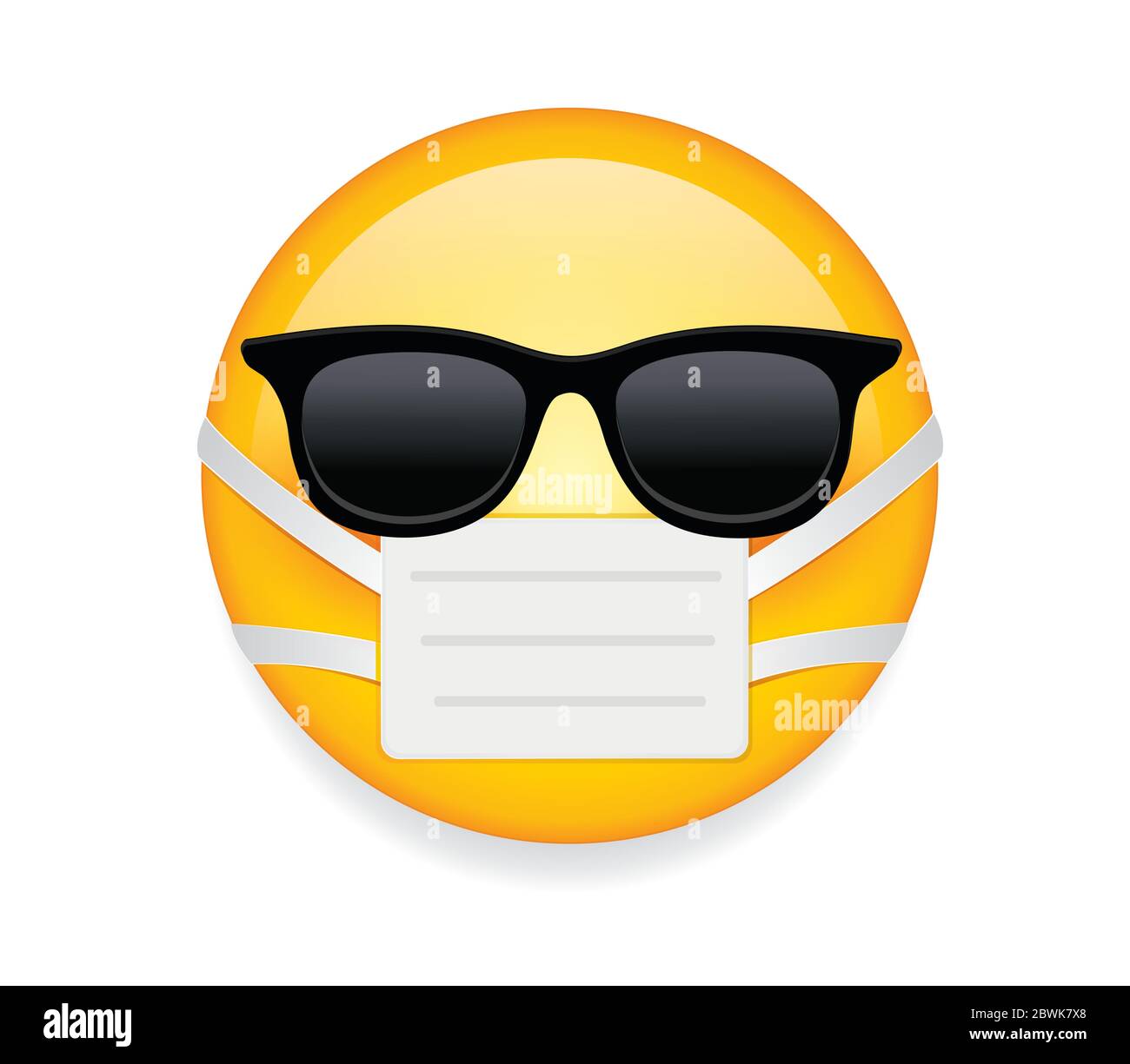 Hochwertiges Emoticon auf weißem Hintergrund. Emoji mit Sonnenbrille und Maske. Gelbe kranke Emoji trägt Sonnenbrille und medizinische Maske, um vor Keimen zu schützen. Stock Vektor