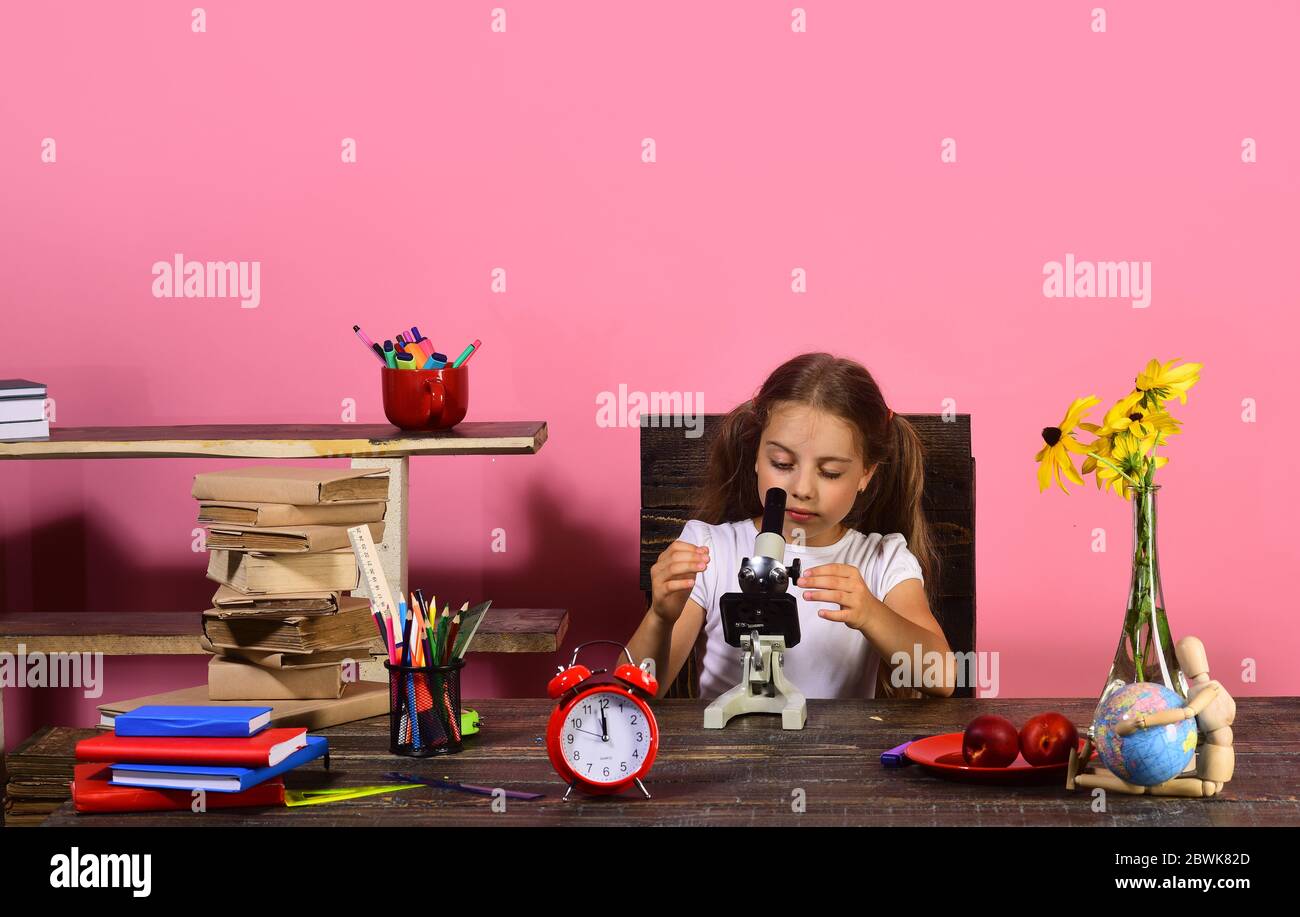 Zurück zur Schule Konzept. Kinder und Schulbedarf auf rosa Wandhintergrund.  Schülerin schaut in ihrem Labor ins Mikroskop. Mädchen sitzt an ihrem  Schreibtisch mit bunten Papeterie, Bücher, Uhr und Blumen Stockfotografie -  Alamy