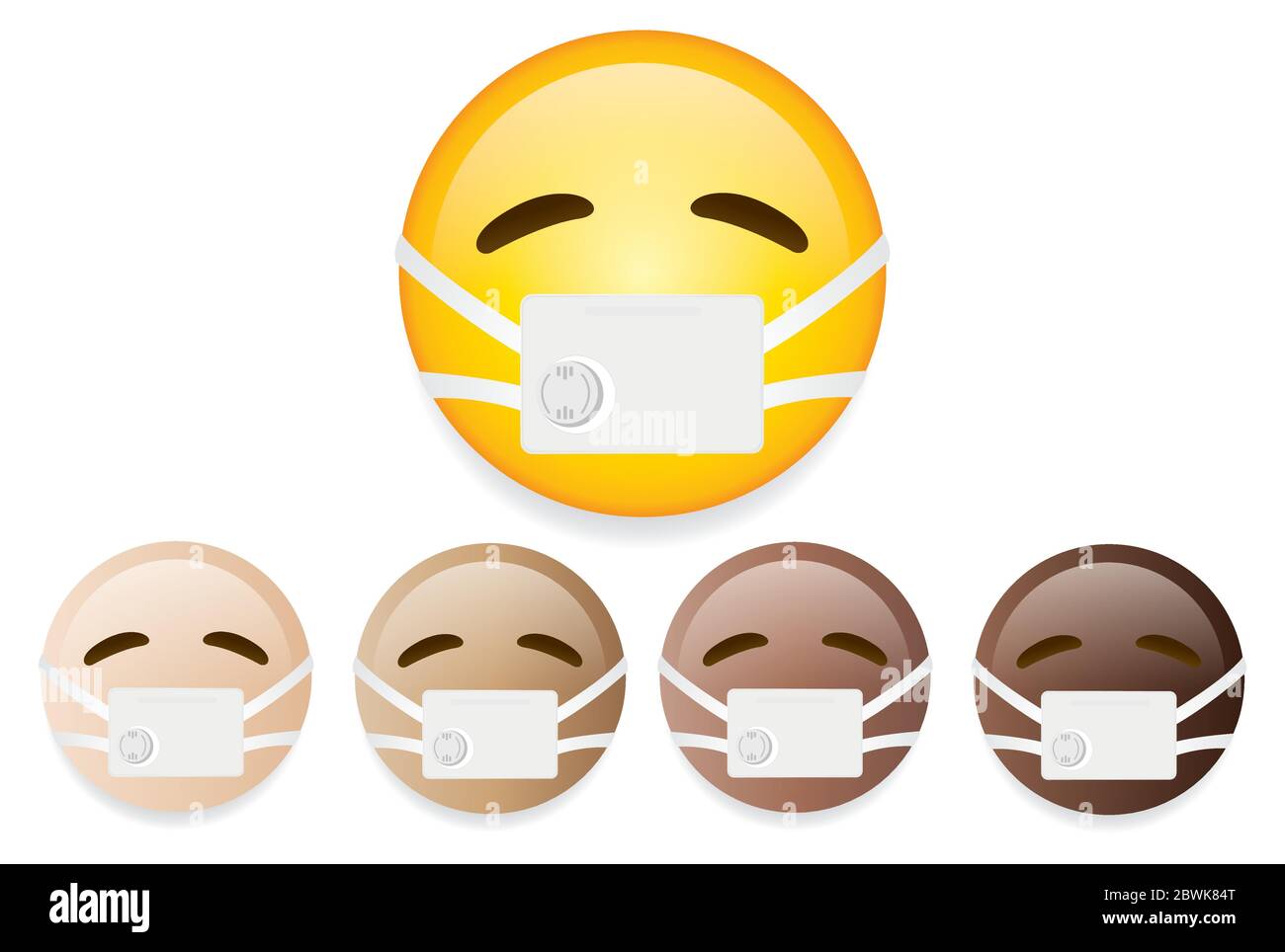 Hochwertige Emoticons auf weißem Hintergrund. Emoticon mit medizinischer Maske.Maske Emoji Vektor Illustration. Emoticons Set.verschiedene Hauttöne / Farbe Emoji. Stock Vektor