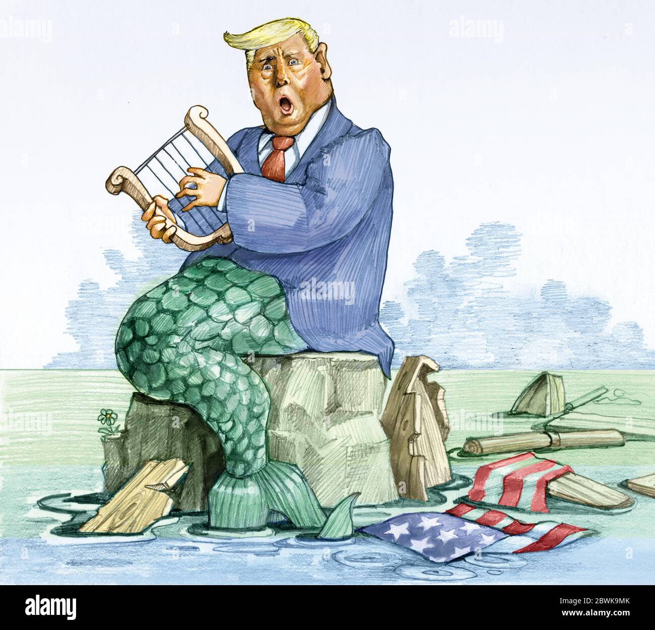 trump ist eine Meerjungfrau das Boot mit der amerikanischen Flagge brach auf der Klippe eine Metapher für die Zerstörung, die dieser Präsident in sein Land bringt Stockfoto