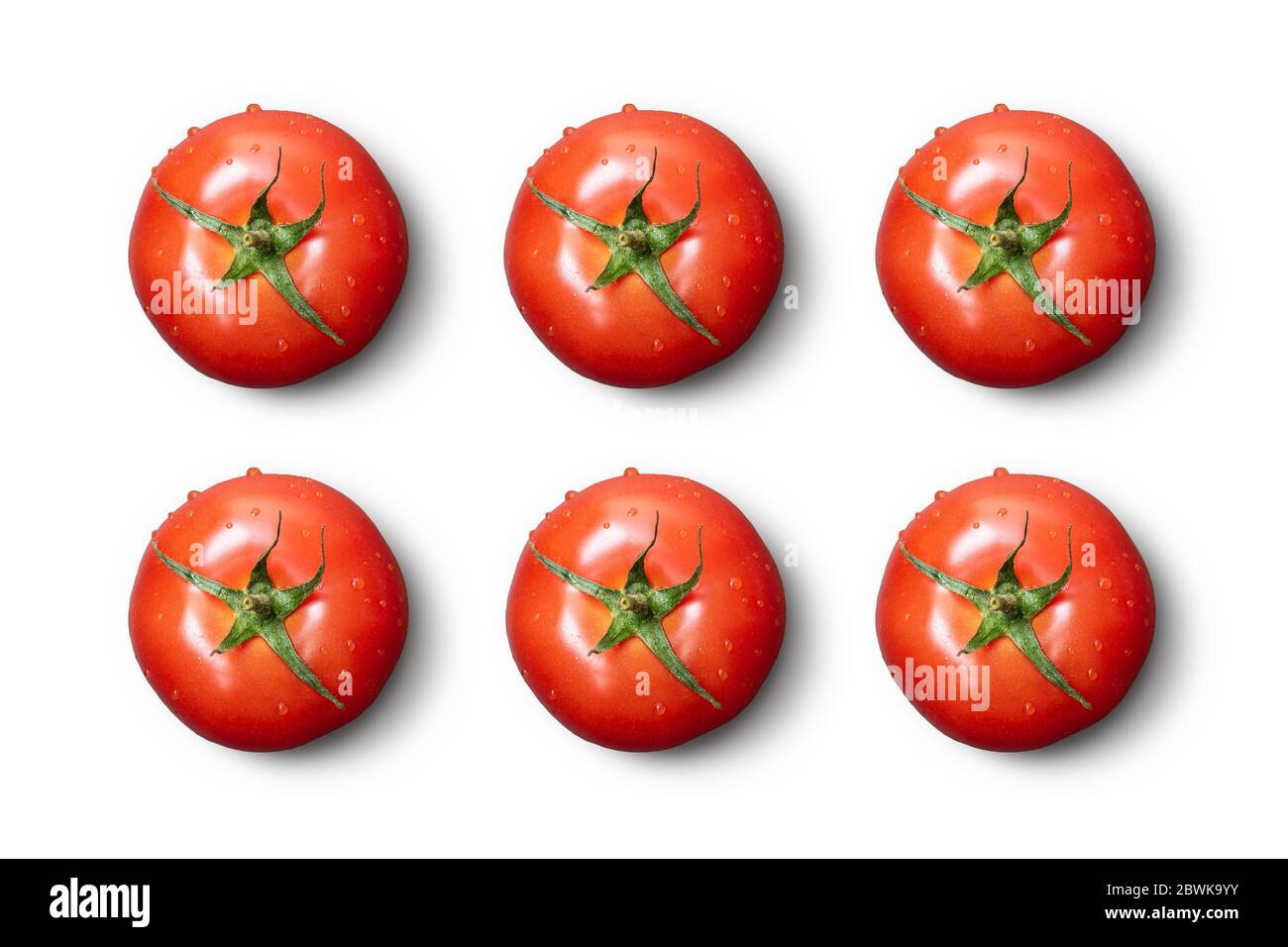 Frische nasse Tomaten auf weiß isoliert. Stockfoto