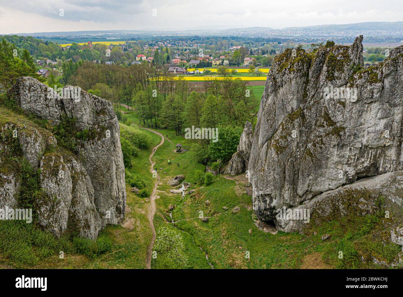 Dron Blick auf Kalkstein Felsen in Jura Krakowsko-Czestochowska. Stockfoto