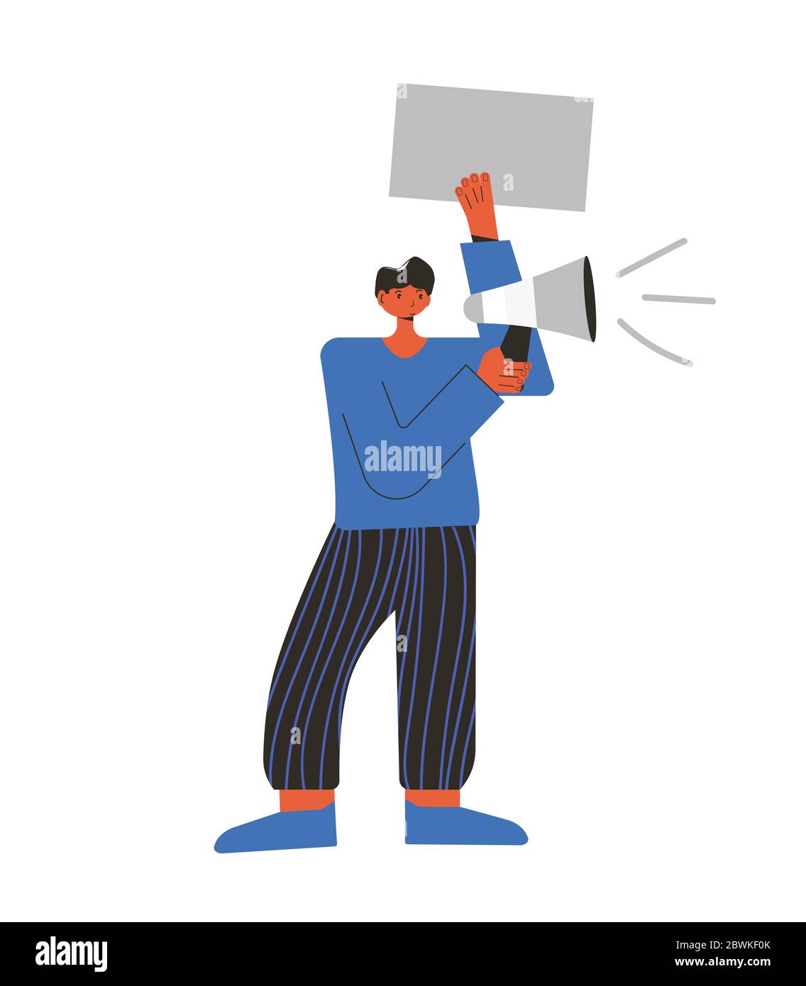 Protest. Junger Mann stehend und hält Plakat isoliert auf weißem Hintergrund. Einzelposten. Männliche Charakter, die an Parade, Kundgebung, Prozessionen, Stock Vektor