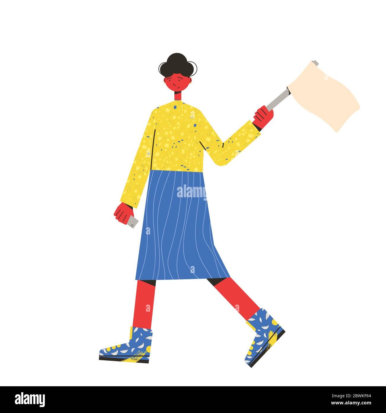 Protest. Frau stehend und hält Plakat isoliert auf weißem Hintergrund. Einzelposten. Junge Charakter, die an Parade, Rallye, Prozessionen, so Stock Vektor