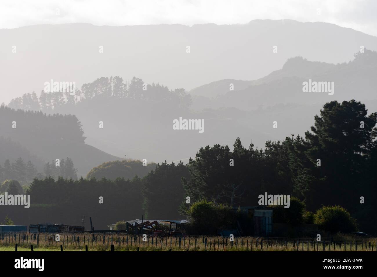 Neblige Hügel in der Nähe von Otaki, Horowhenua, Nordinsel, Neuseeland Stockfoto