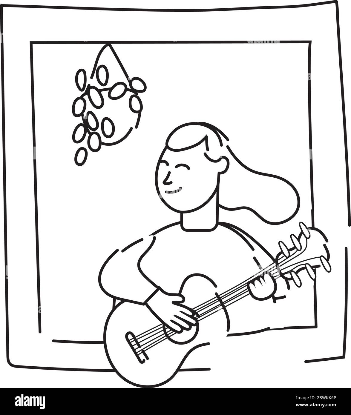 Frau, die Gitarre in Apartment-Fenster für Quarantäne-Line-Stil spielt Stock Vektor