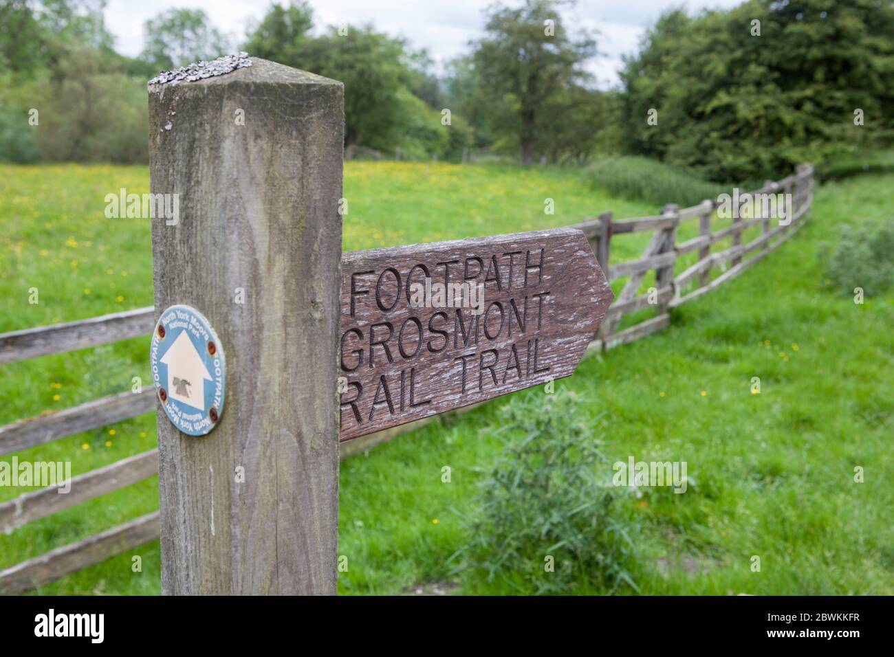 Schild für den Rail Trail und leichte Wanderung zwischen Goathland und Grosmont in den North York Moors entlang der Strecke einer alten Bahnlinie Stockfoto