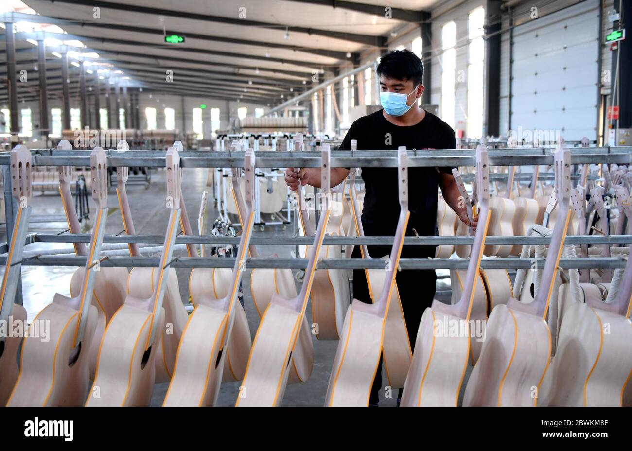 Hengshui, Chinas Provinz Hebei. Juni 2020. Ein Arbeiter überprüft halbfertige Gitarren in einer Musikinstrumentenfabrik im Wuqiang Bezirk von Hengshui, Nordchinesische Provinz Hebei, 2. Juni 2020. Die Behörden im Wuqiang County haben eine Initiative zur Armutsbekämpfung durchgeführt, die die lokale Musikinstrumentenindustrie dazu ermutigt, ländliche Bewohner, die unterhalb der aktuellen Armutsgrenze leben, einzustellen und ihnen dabei zu helfen, neue Karrieren zu beginnen. Kredit: Zhu Xudong/Xinhua/Alamy Live News Stockfoto
