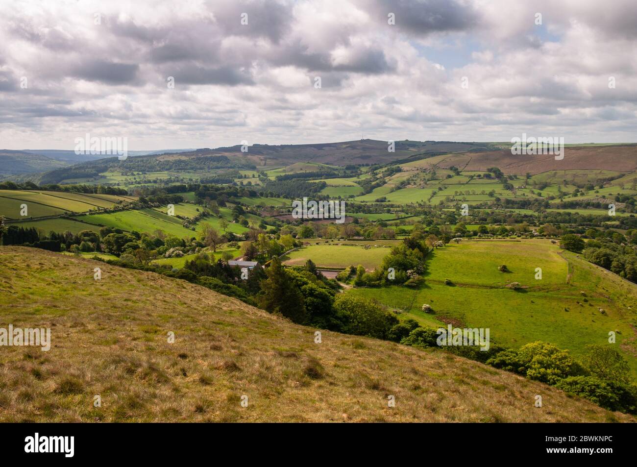 Ein Flickenteppich aus Weidefeldern, Wäldern und Weilern füllt Derwent Valley in Derbyshire unter den Mooren des englischen Peak District. Stockfoto