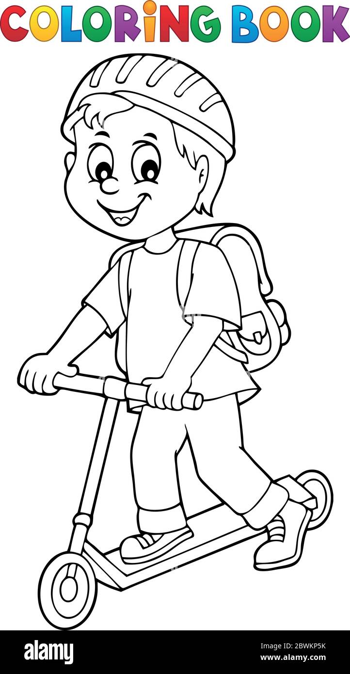 Malbuch Junge auf Kick Roller Thema 1 - eps10 Vektor-Illustration. Stock Vektor