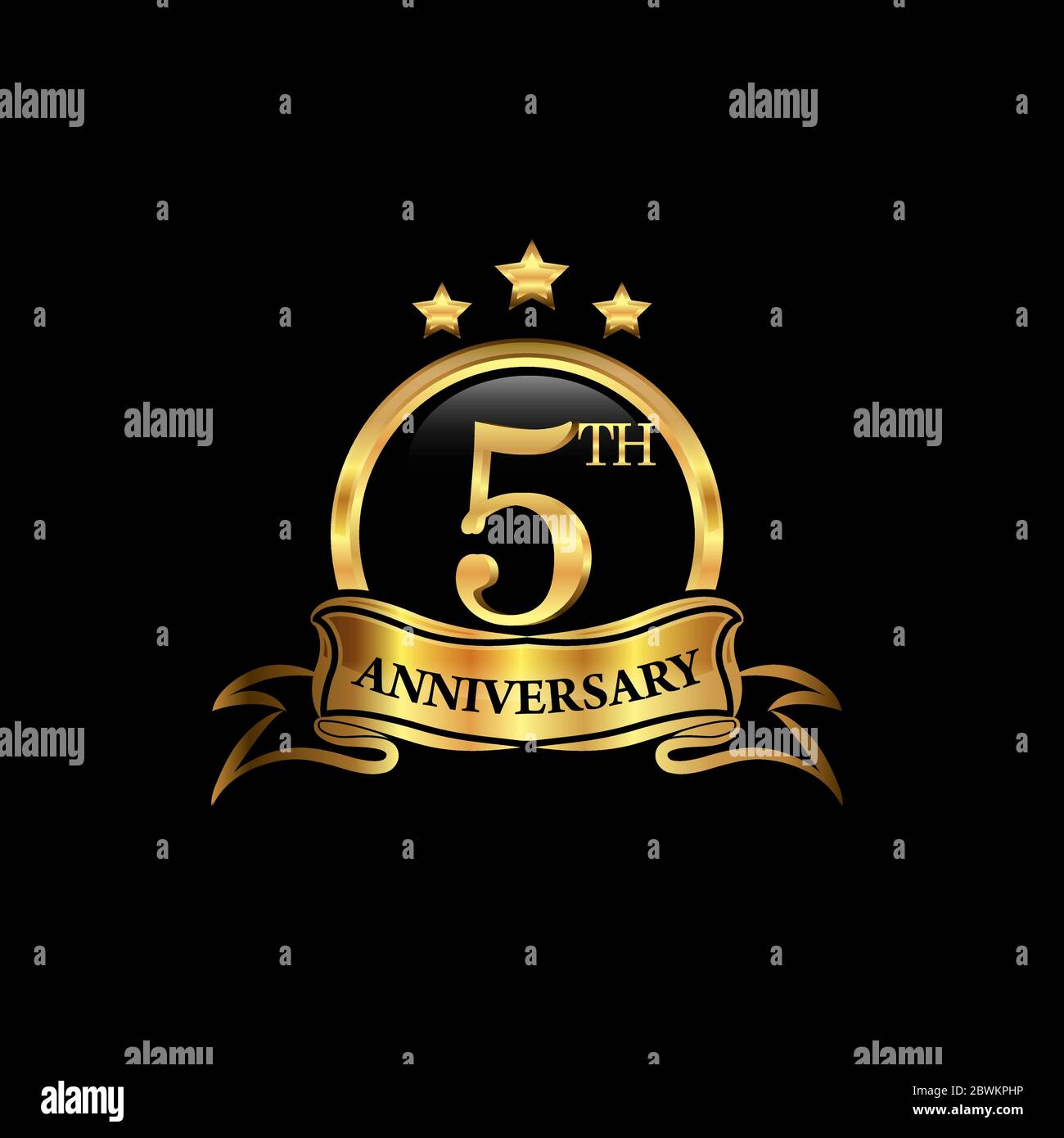 5. Jahrestag Design-Logo goldene Farbe mit Ring und goldenem Band für Jubiläumsfeier. EPS10 Stock Vektor