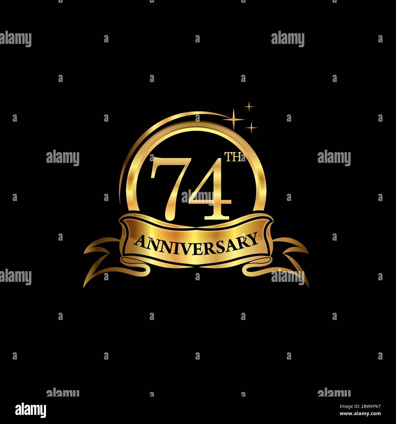 74. Jahrestag Design-Logo goldene Farbe mit Ring und goldenem Band für Jubiläumsfeier. EPS10 Stock Vektor