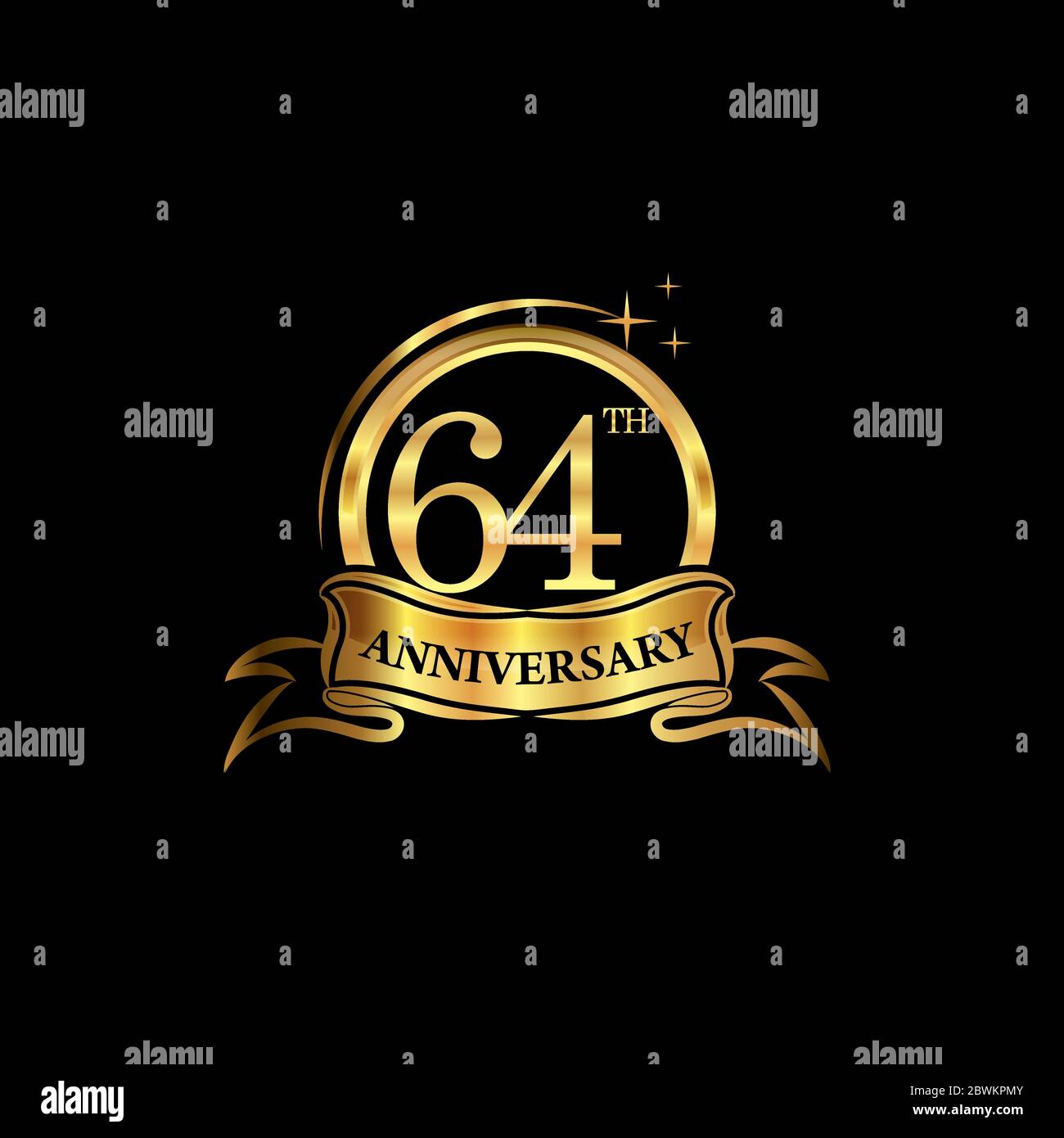 64. Jahrestag Design Logo goldene Farbe mit Ring und goldenem Band für Jubiläumsfeier. EPS10 Stock Vektor