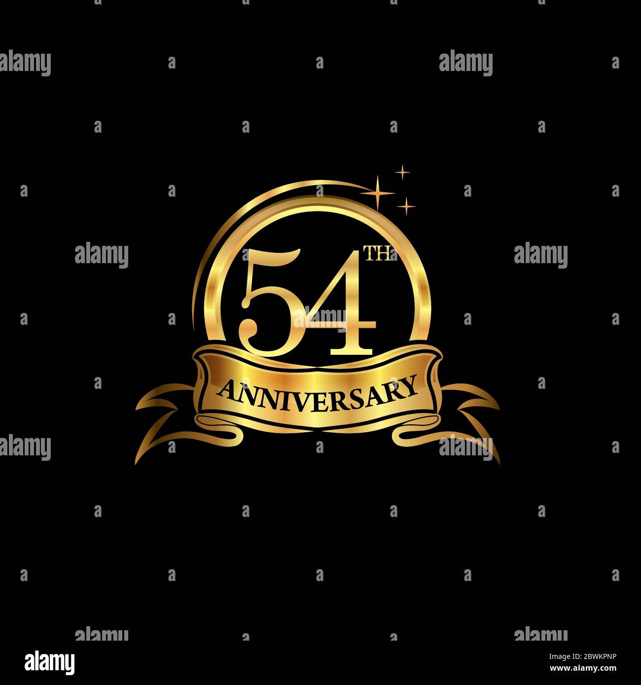 54. Jahrestag Design-Logo goldene Farbe mit Ring und goldenem Band für Jubiläumsfeier. EPS10 Stock Vektor