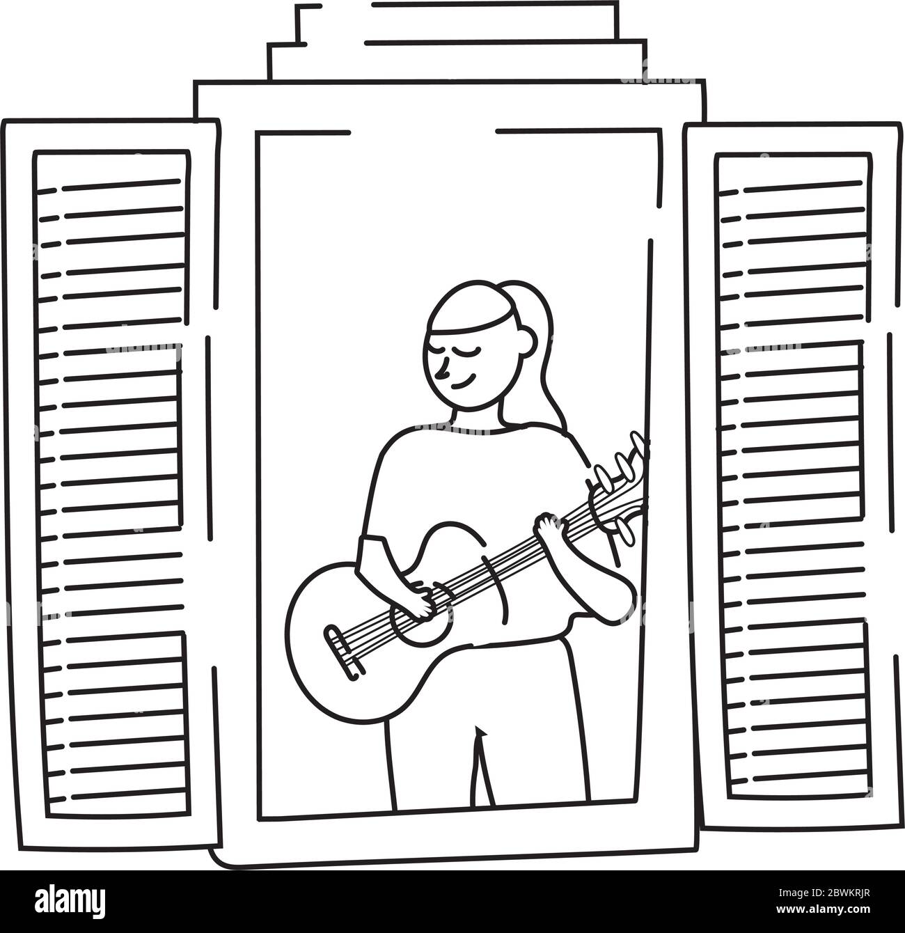 Frau, die Gitarre in Apartment-Fenster für Quarantäne-Line-Stil spielt Stock Vektor