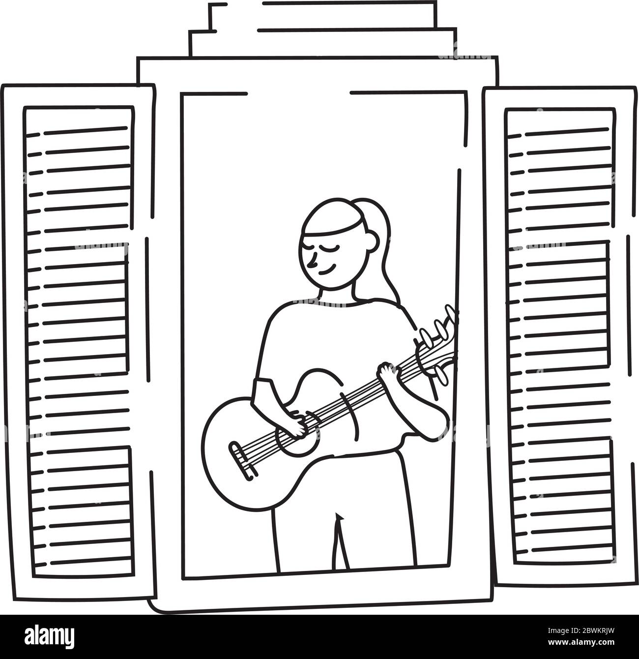 Frau, die Gitarre in Apartment-Fenster für Quarantäne-Line-Stil spielt Stock Vektor