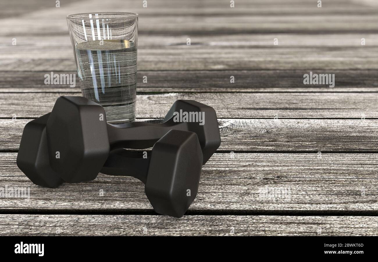 Gesundes Lifestyle 3d gerendertes Konzept mit Glas Wasser und Trainingskit-Müllteinen Stockfoto