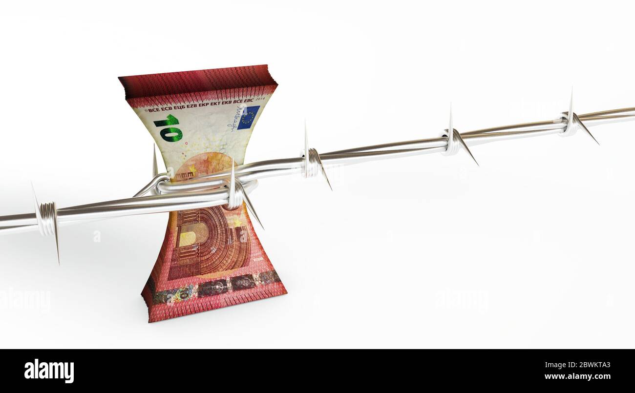 3d-Rendering von Euro-Banknoten mit Stacheldraht auf weiß isoliert geschützt Stockfoto