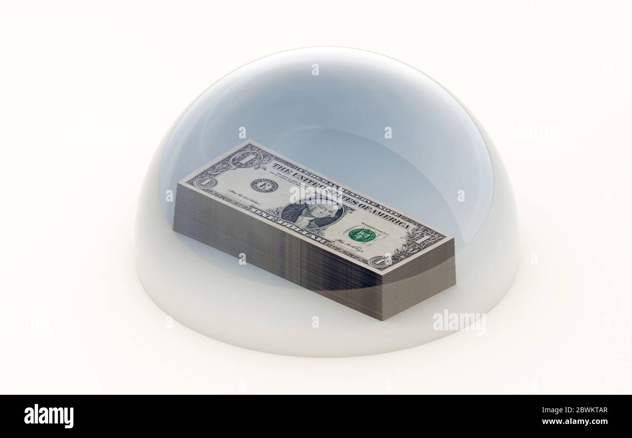 3d-Rendering von gestapelten Banknoten von US-Dollar Geld unter einer Kuppel auf weiß isoliert geschützt Stockfoto