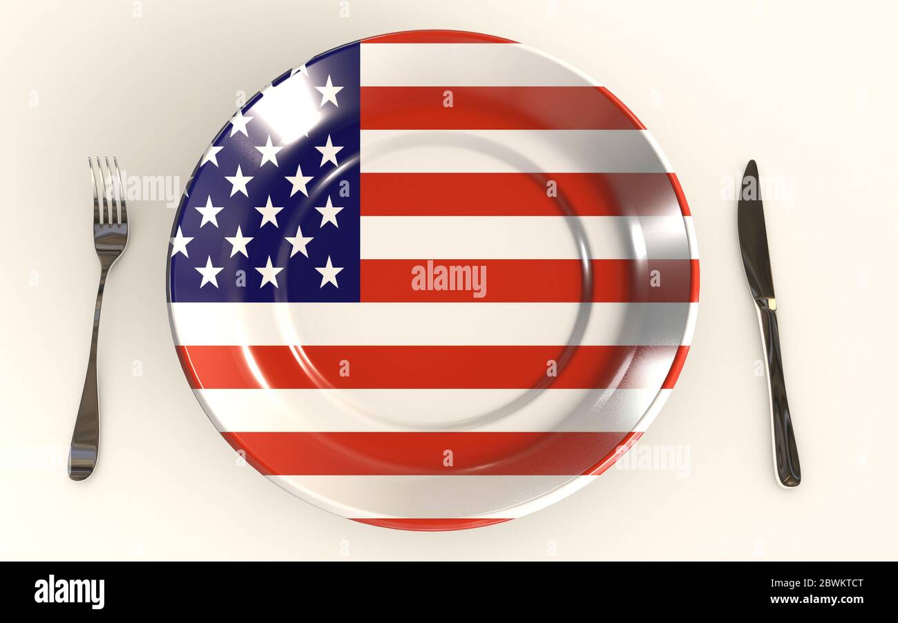 Standard American Diet 3D gerendertes Konzept mit einem Teller, einem Messer und einer ford und US-Flagge Stockfoto