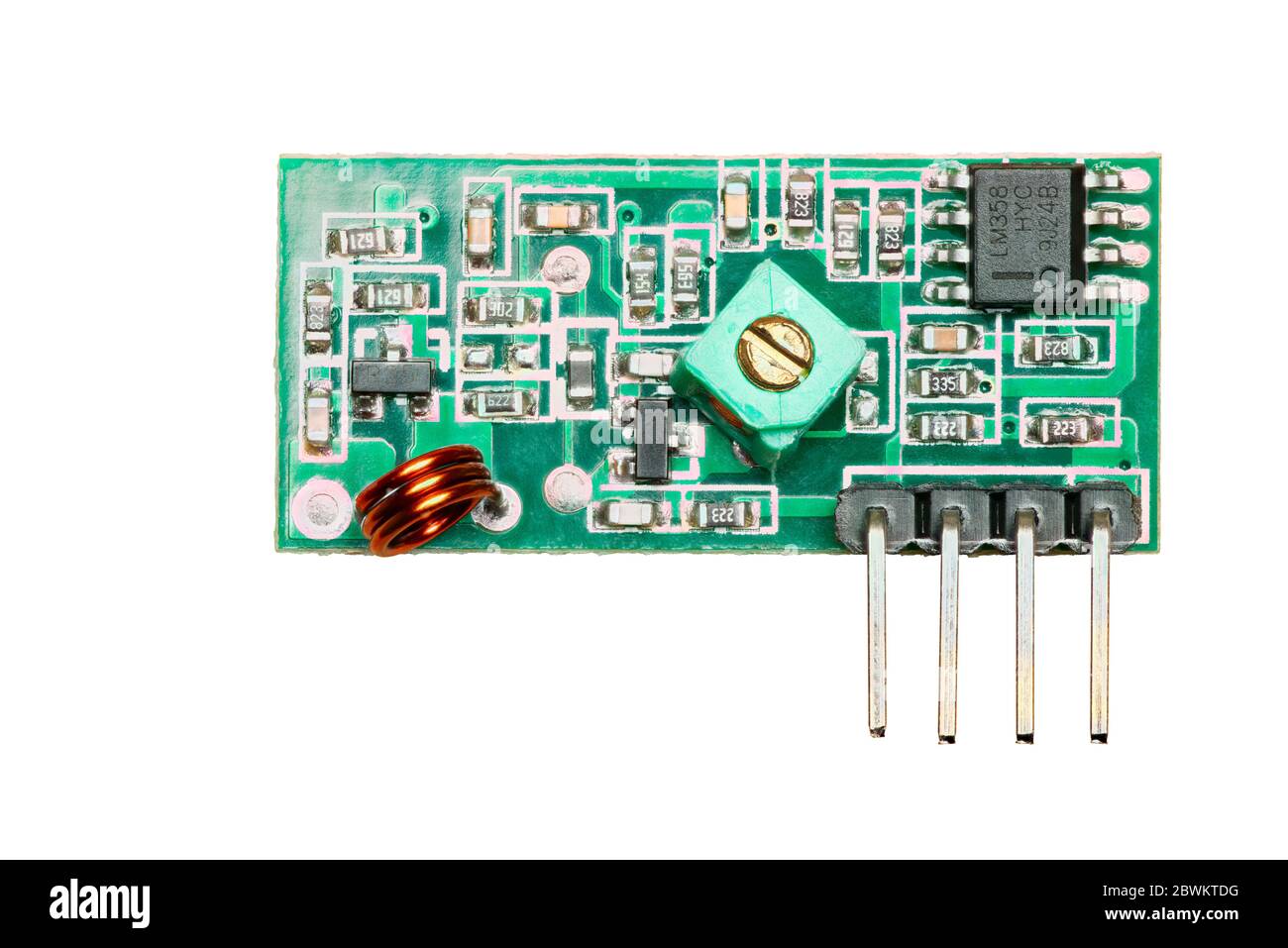 Micro 433 MHz UHF-Funkempfängermodul isoliert auf weißem Hintergrund Stockfoto
