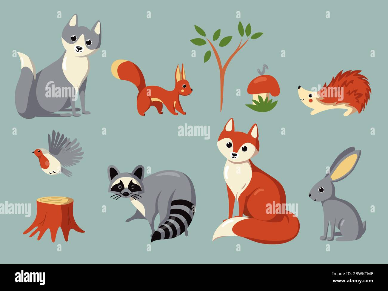 Set von Waldtieren, Vogel, Pilz und Pflanzen. Vektor-Illustration in niedlichen Cartoon-Stil Stock Vektor