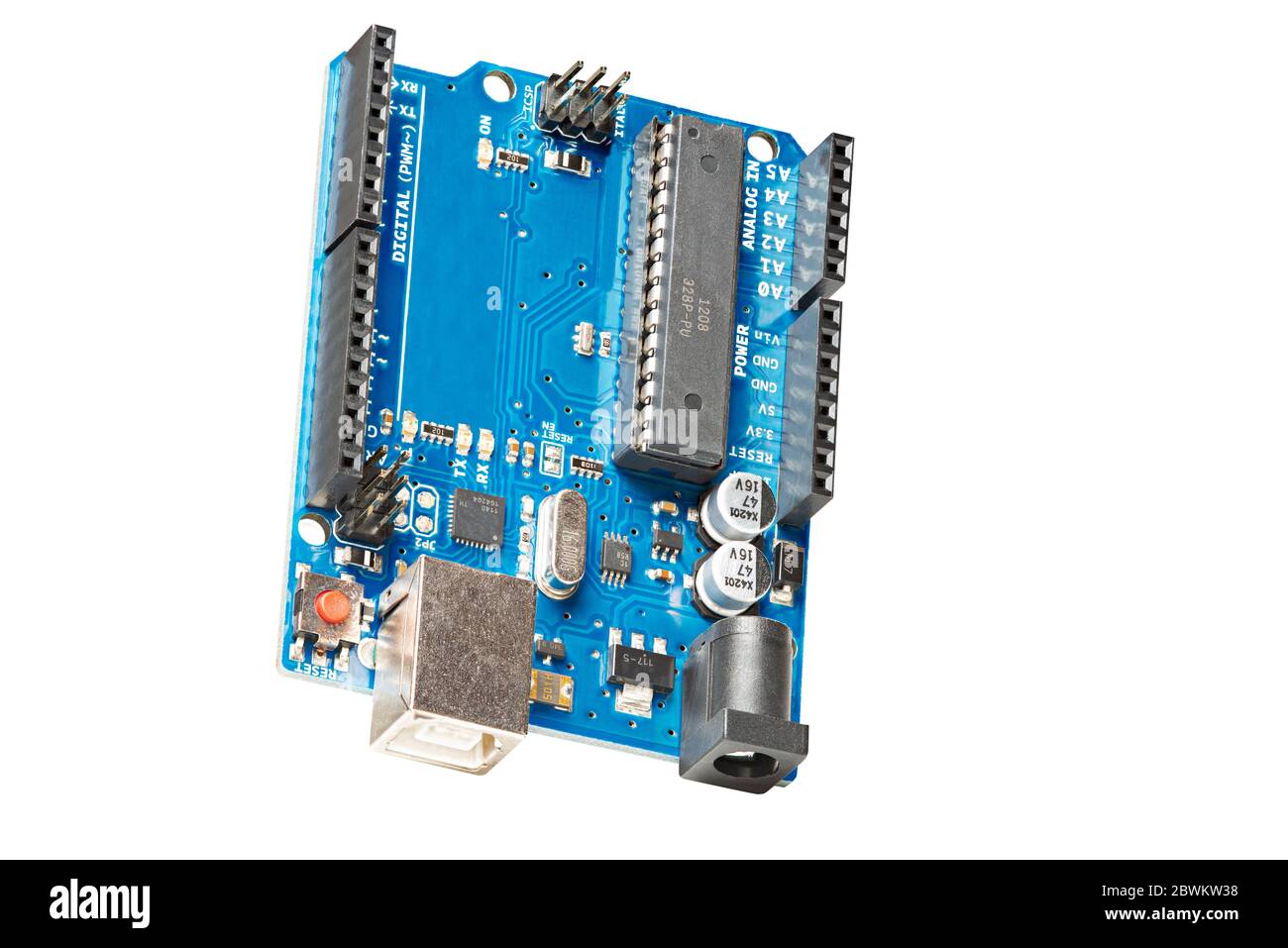 Open Source Mikrocontroller Entwicklung, Prototyp-Board, isoliert auf weißem Hintergrund Stockfoto