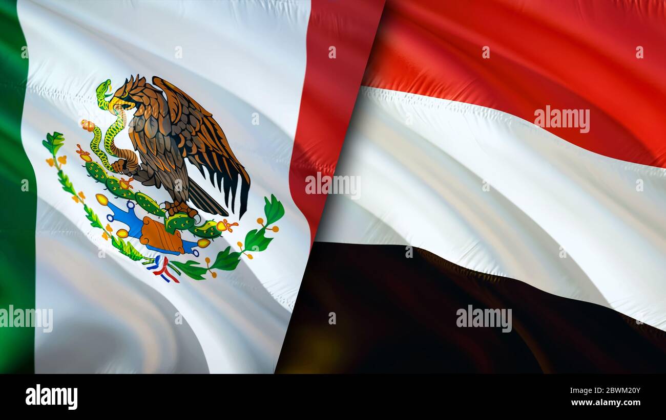 Flaggen von Mexiko und Jemen. 3D-Design mit winkender Flagge. Mexiko Jemen Flagge, Bild, Tapete. Bild Mexiko vs. Jemen, 3D-Rendering. Mexiko Jemen Beziehungen allia Stockfoto