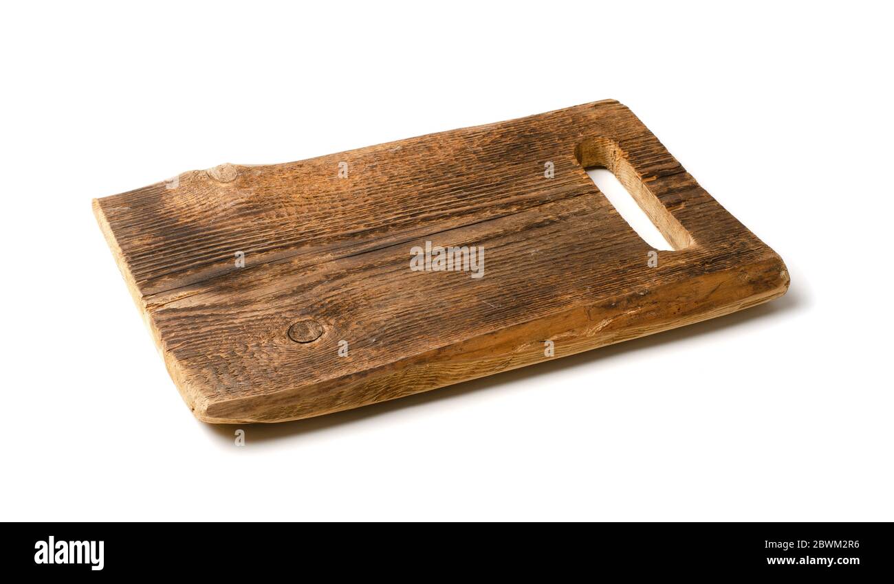 Alte rechteckige Holzschneidebrett isoliert auf weißem Hintergrund Stockfoto