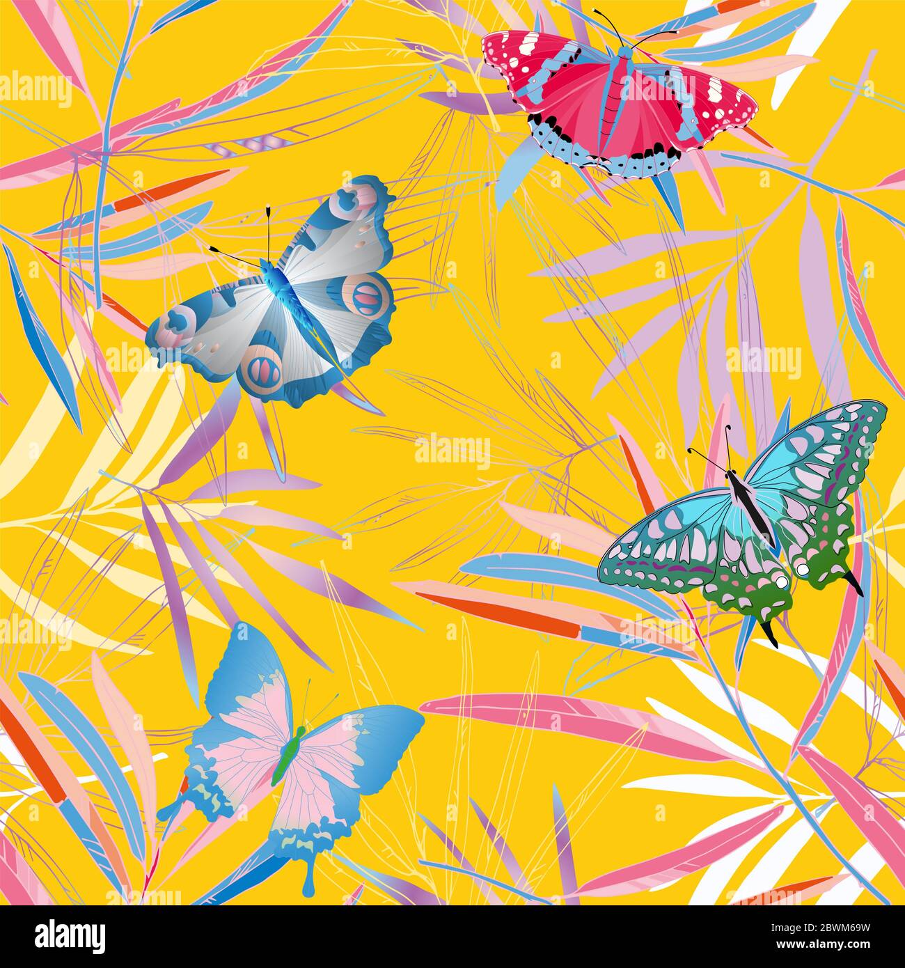 Schmetterling und tropische Palmenblätter Vektor-Illustration. Bild mit Gold, Blau und Grün. Endloses Muster. Website. EPS 10 Stockfoto