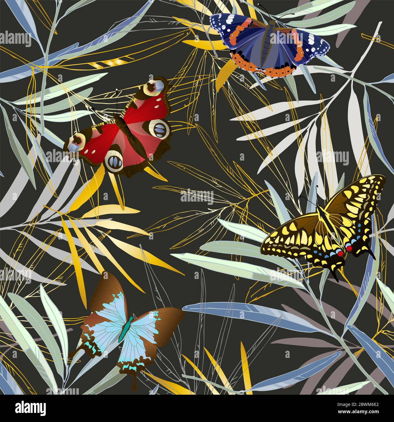 Schmetterling und tropische Palmenblätter Vektor-Illustration. Bild mit Gold, Blau und Grün. Endloses Muster. Website. EPS 10 Stockfoto