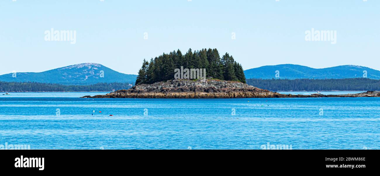 Eine sehr kleine Insel in Frenchmans Bay, Bar Harbor Maine, mit hohen immergrünen Bäumen und Felsen. Stockfoto