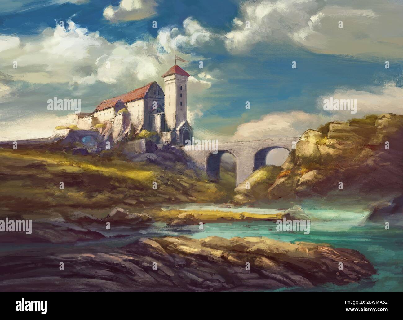 Landschaft mit mittelalterlichen Burg auf Klippe, Steinbrücke über den Fluss, Felsen, schöner Himmel mit weißen Wolken - Malerei Fantasy-Szene, fiktives Schloss Stockfoto