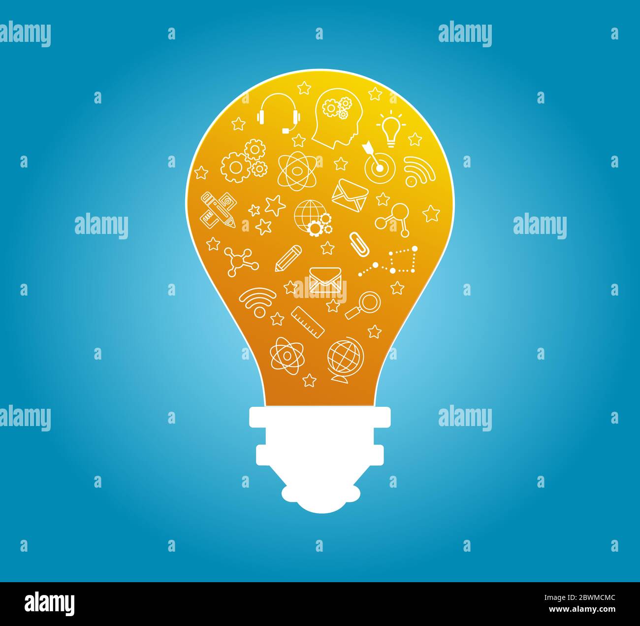 Illustration einer abstrakten Leuchtbirne mit Symbolen des Lernens, der Wissenschaft, der Praxis und des Wissens Stock Vektor