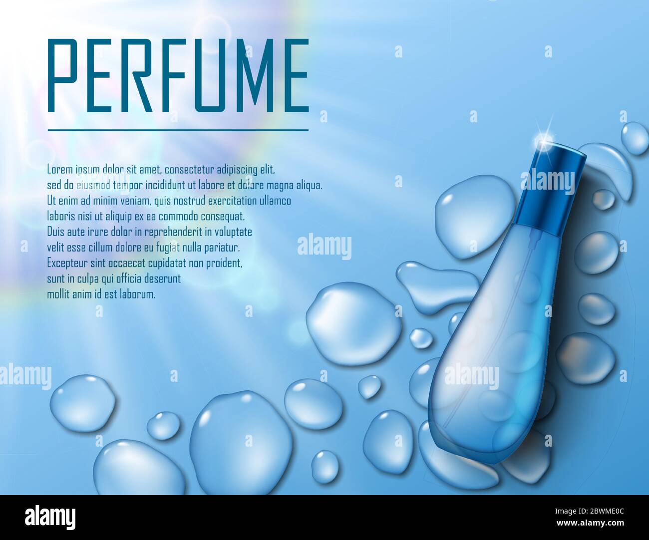 Werbung für kosmetische Produkte Blaue Wassertropfen Hintergrund mit schönen Parfüm Behälter für Ihre Marke. Transparent und Glanz Parfüm Vector 3d Stock Vektor