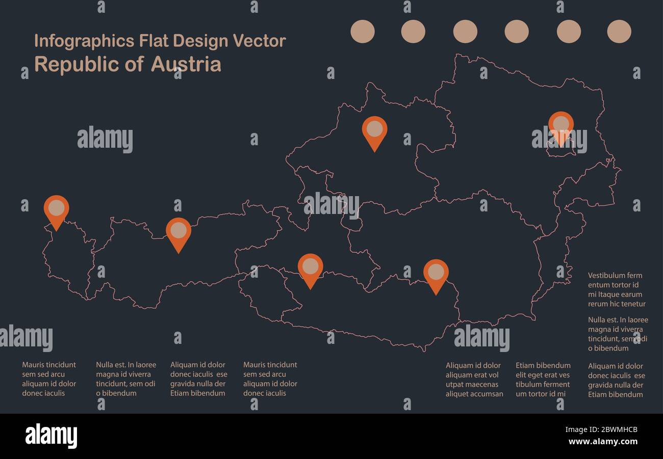 Infografiken Österreich Kartenumriss, flaches Design, Farbe blau orange Vektor Stock Vektor