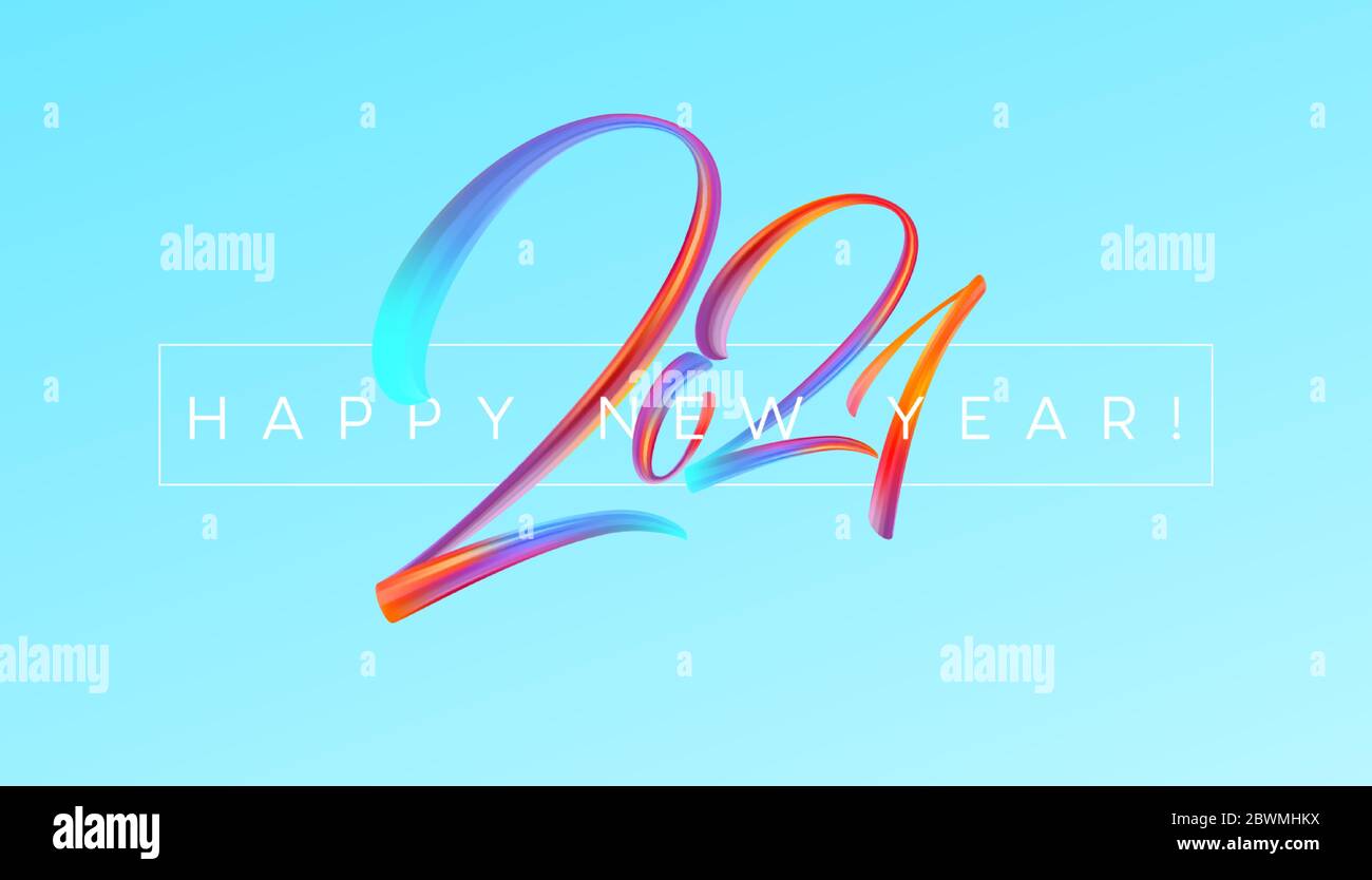 Bunte Brushstroke Farbe Schriftzug Kalligraphie von 2021 Happy New Year Hintergrund. Vektorgrafik Stock Vektor