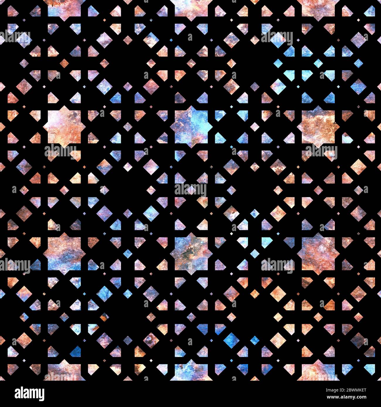 Schmuck, Edelstein, Edelstein-Muster, Textur, Mosaik auf schwarzem Hintergrund im Arabesken-Stil. Nahtloses, farbenfrohes Schmuckmuster mit melierter Textur Stockfoto