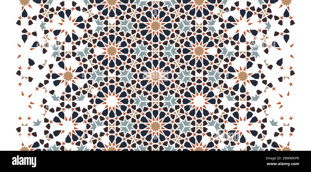 Marokkanische Arabeske nahtlose Vektor-Art Muster, Rand, Tapete, Textur, Hintergrund. Geometrisches Mosaik marokkanisches Halbtonmuster mit Farbfliese Stock Vektor