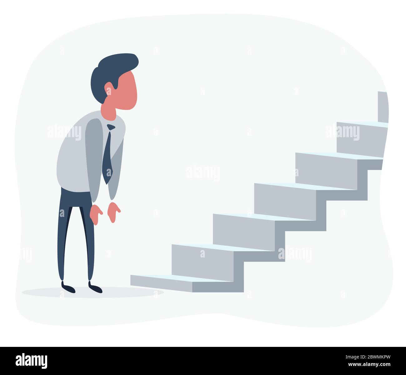 Flacher Mann, der auf die Treppe schaut, mit der Frage nach neuen Möglichkeiten oder Herausforderungen. Stock Vektor