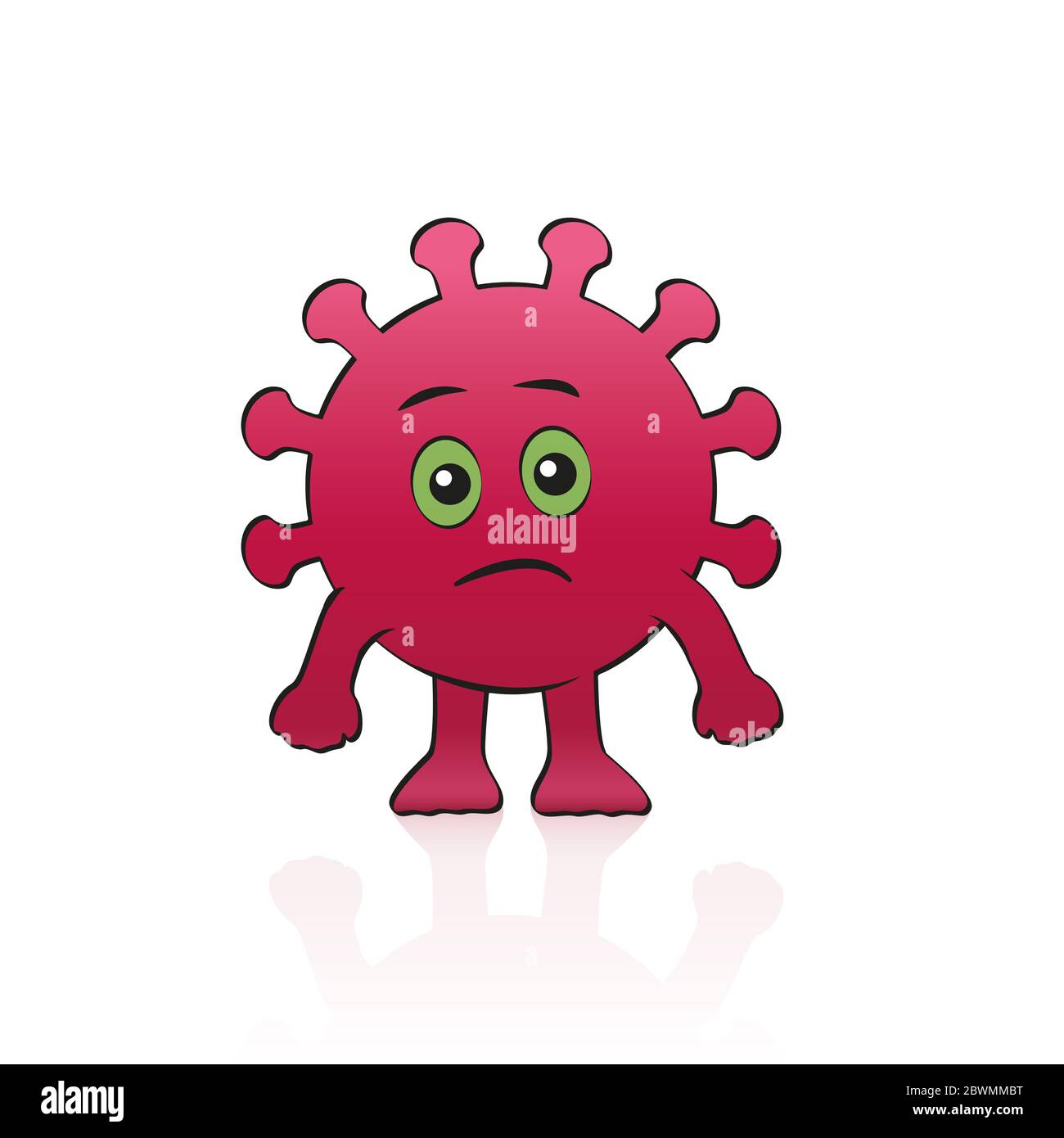 Coronavirus Comic-Figur. Traurige covid Charakter mit Augen, Mund, Hände und Füße - Abbildung auf weißem Hintergrund. Stockfoto