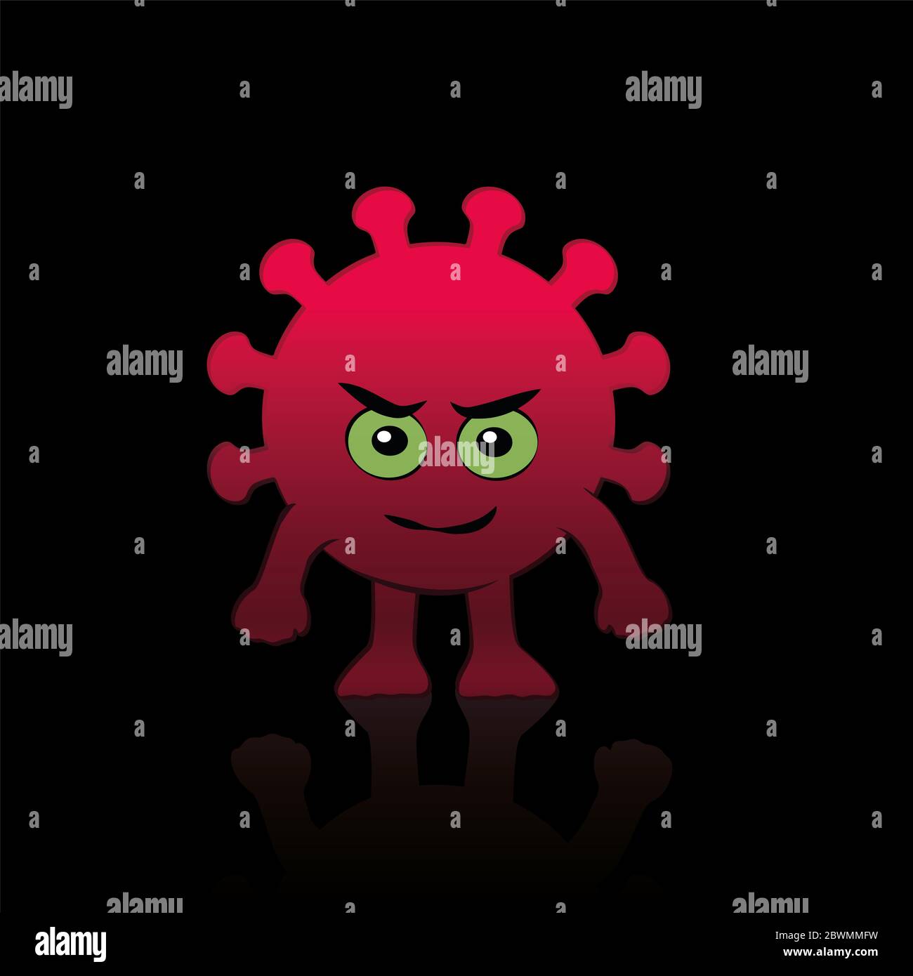 Coronavirus Comic-Figur. Böser, böser, kovider Bösewicht mit Augen, Mund, Händen und Füßen - Illustration auf schwarzem Hintergrund. Stockfoto