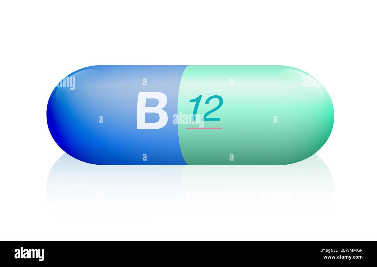 B12 Pille, symbolisch für künstliche, synthetische oder natürliche Ergänzung für Vegetarier und Veganer, um Mangel an Vitaminen zu verhindern. Stockfoto