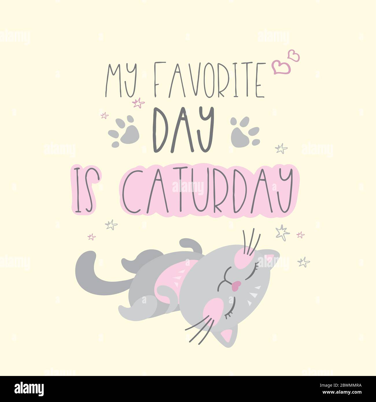 Lustige süße Katze und Schriftzug- mein Lieblingstag ist caturday, Vektor-Illustration Stock Vektor